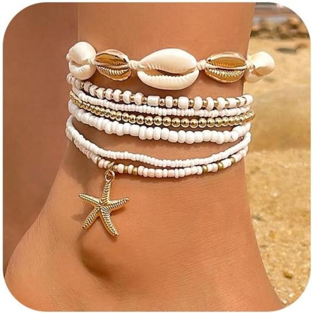 Bead Ankle Bracelets Set For Women, Adjustable Gold Boho Shell Anklet, Hawaiian